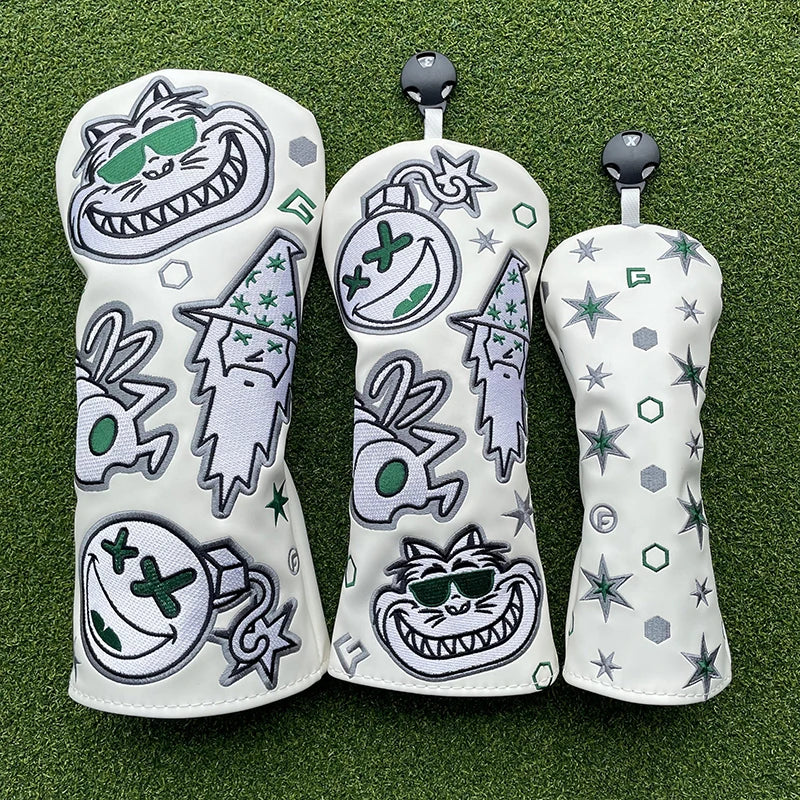 Fashion Bugs Wizard Golf Club Head covers Cute cat Driver Woods Hybrid Waterproof leather Golf club head protective sleeve cover